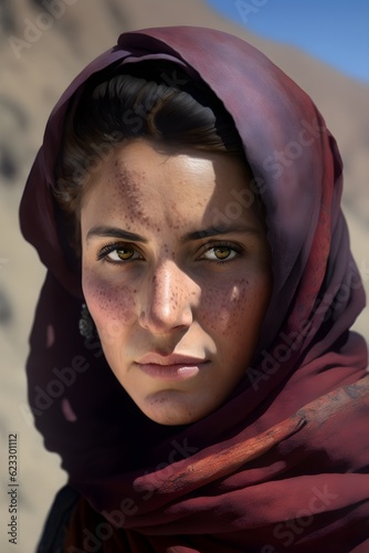 Photorealistic close up portrait of an Afghan women in war torn Afganistan. Generative AI. photo