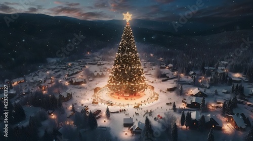very big christmas tree with bright stars on top which shines brightly in the snow village and many people look at it