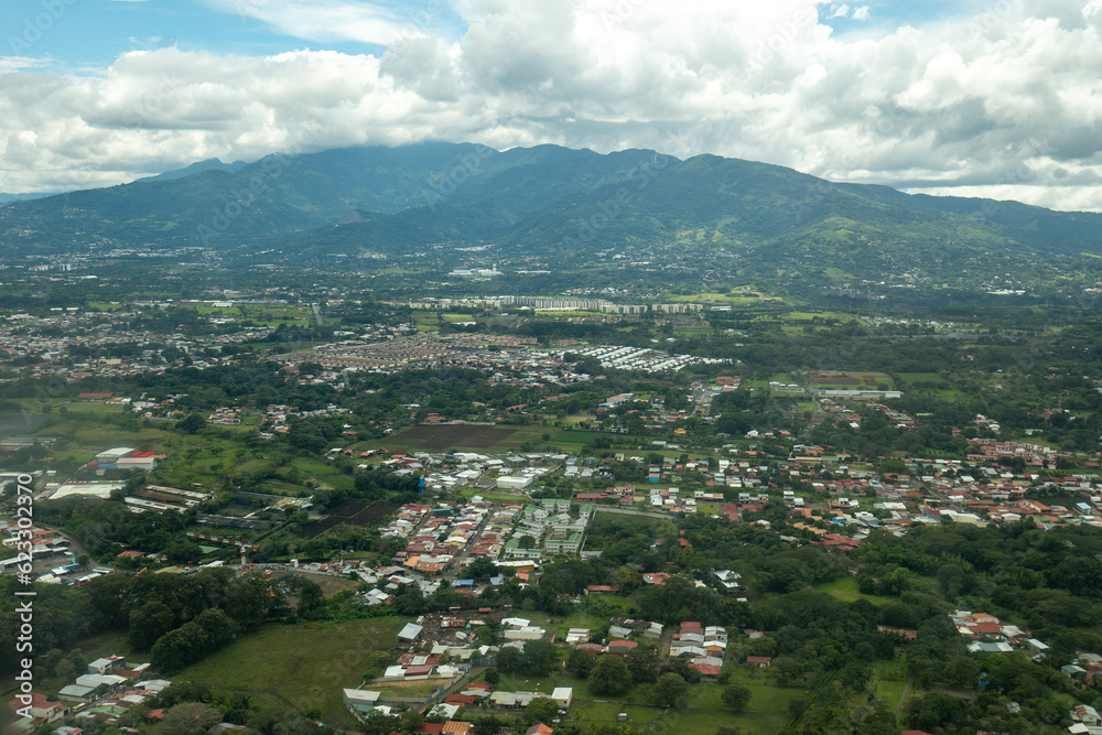 Aerial View of Mountains, Hills, Trees, Farms, Houses and Small Facilities in the Countryside San Jose, Costa Rica