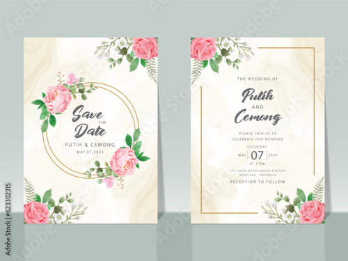 beautiful pink roses watercolor wedding invitation card