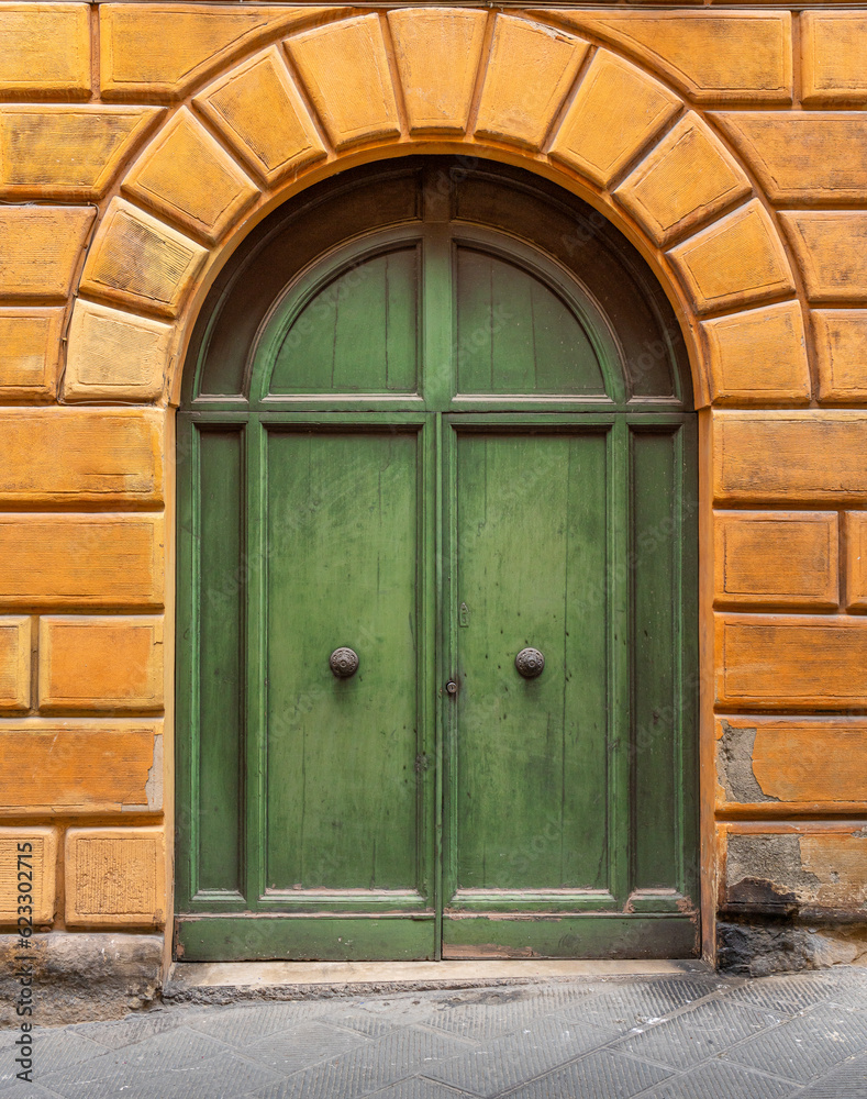 Fototapeta premium Green wooden door with two doorknobs set inside terra cotta tilework in the medieval city of Siena in the Tuscany region of Italy. 