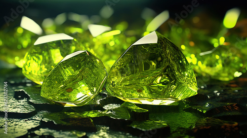 Amazing bright and shiny Olivine crystal cluster background. Jewel mineral detailed macro. Generative AI