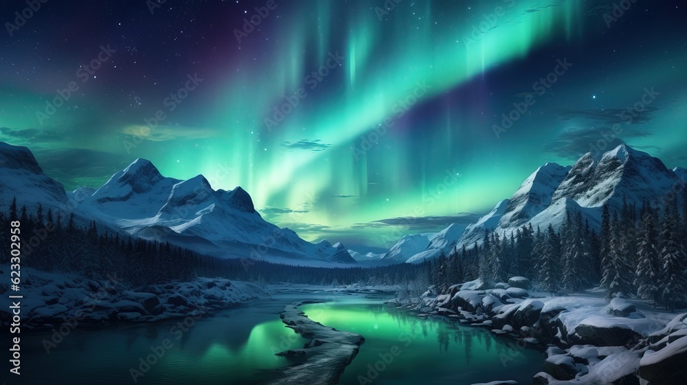 The Arctic aurora borealis landscape. The night sky dances with vibrant hues. Otherworldly backdrop of a black starry sky. Mystical feeling and sense of wonder. Northern lights. Generative AI.