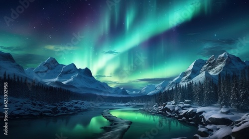 The Arctic aurora borealis landscape. The night sky dances with vibrant hues. Otherworldly backdrop of a black starry sky. Mystical feeling and sense of wonder. Northern lights. Generative AI. © Kai Alves