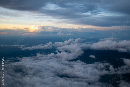 Surreal View of Various Types of Majestic, Colorful Clouds at Twilight From an Airplane Window over Costa Rica
