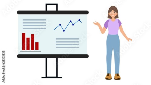Presentation animation, speaker pointing at presentation on board with graphs chart
