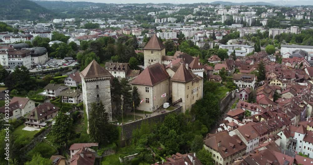 Beautiful Hilltop Castle in Annecy, France City in Europe - Aerial Orbit Beautiful Hilltop Castle in Annecy, France City in Europe - Aerial Orbit