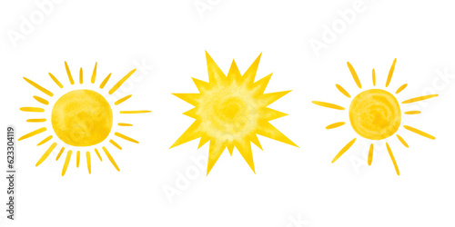 Set of watercolor yellow suns isolated on white background. Drawn by hand. Texture of watercolor on paper. Element for design and decoration. Bright summer spot.