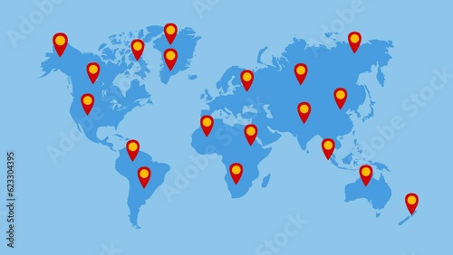 World map with pins location animation footage