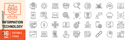 Information technology editable stroke outline icons set. IT network, internet, website, data, software, communication, online computer and programming. Vector Illustration