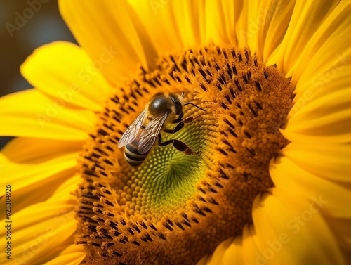Bee-utiful bloom: Close-up of yellow sunflower with bee collecting nectar, isolated on white background, bright and cheerful mood, generative AI