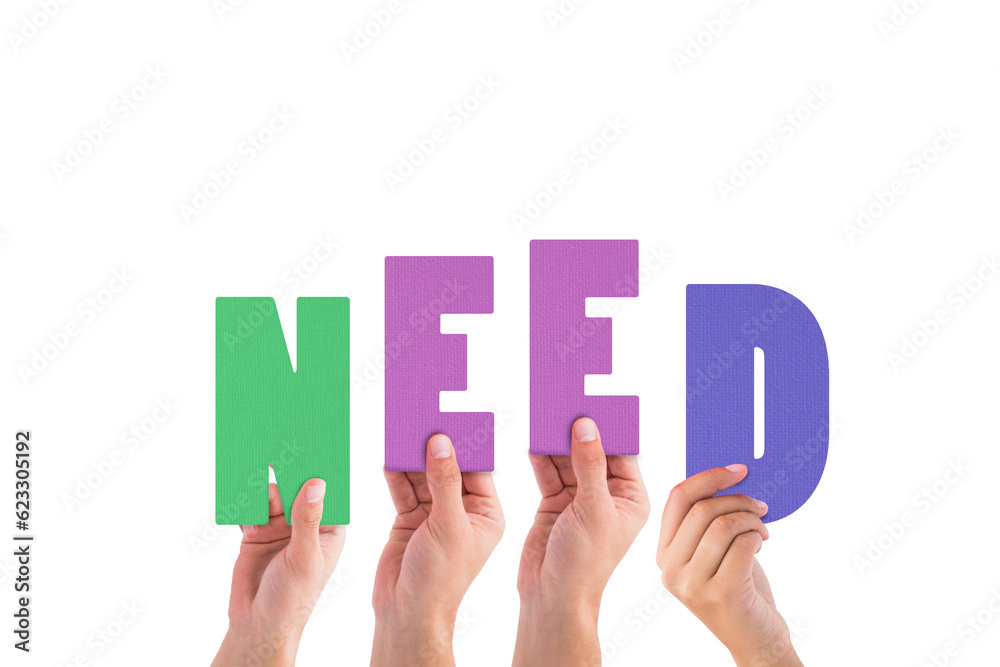 Digital png illustration of hands with need text on transparent background