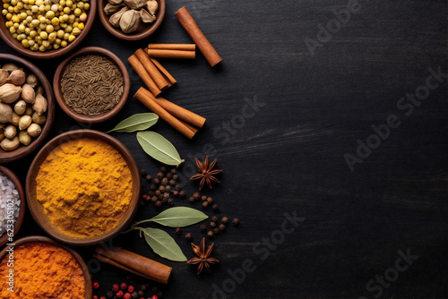 background ingredient indian spice dry cooking powder herb cuisine food seasoning. Generative AI.