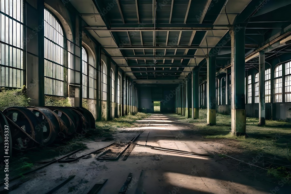Obraz premium outdoor rampart of a huge once abandoned factory in the midle of a outback afforest. Creative resource, AI Generated