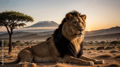 Leo portrayal on savanna. Creative resource, AI Generated
