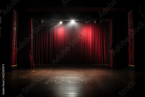 Theater stage with red curtains are opening with spotlight performance lights showing, generative AI 