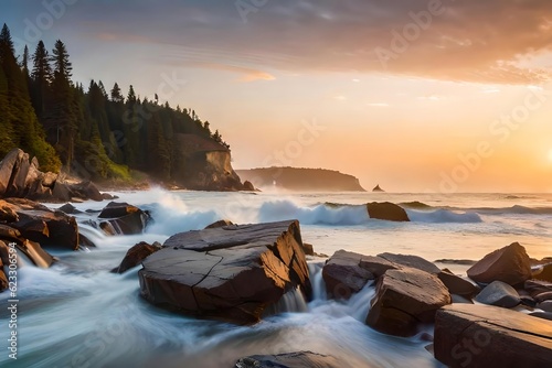 A closeup opinion of ocean beckon crashing against rock candy with a hyperrealistic. Creative resource, AI Generated