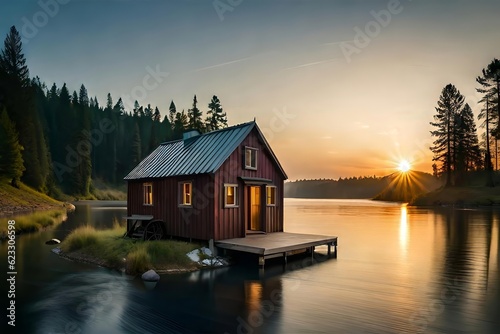 Lake with vintage bantam kin in a sunset afforest environment. Creative resource, AI Generated