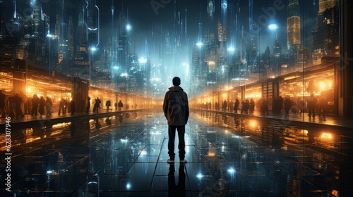 Man and futuristic technological progress city. Future technologies  Internet Business  Digital technology AI