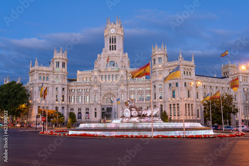 Cybele Palace in Madrid, Spain, during the blue hour. 