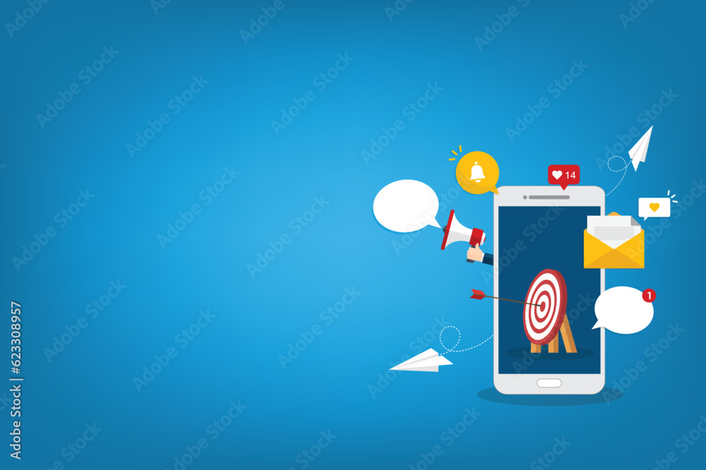 Mobile phone marketing. Reaching online audience with email marketing campaign, social media content, newsletter subscription. Mobile phone marketing. Reaching online audience with email marketing campaign, social media content, newsletter subscription.
