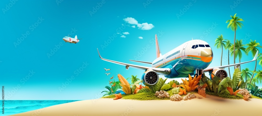 Naklejka premium Passenger airplane and tropical palm on a paradise island. Unusual travel.created generative ai.