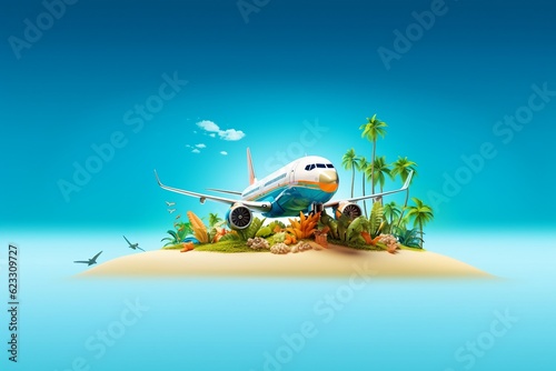 Passenger airplane and tropical palm on a paradise island. Unusual travel.created generative ai.