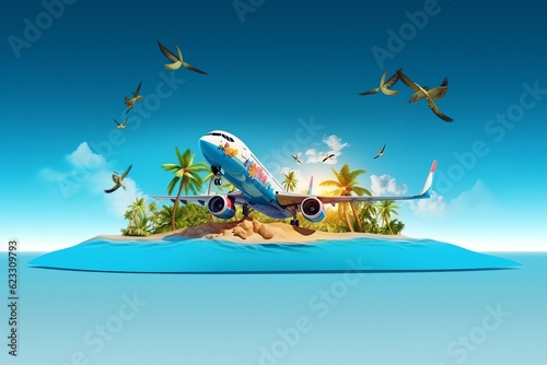 Passenger airplane and tropical palm on a paradise island. Unusual travel.created generative ai.