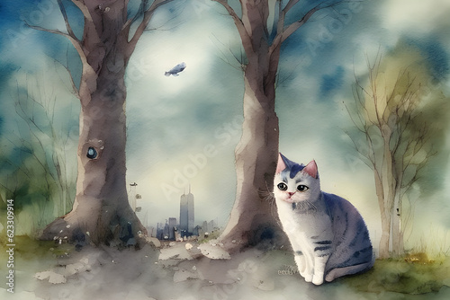 Cute Cat  blue Eye  City  Fantasy  Odd eye  fairy tale  Generative AI 