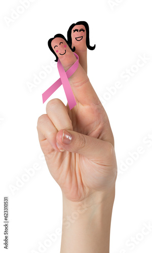 Digital png photo of caucasian hand and fingers with faces and pink ribbon on transparent background