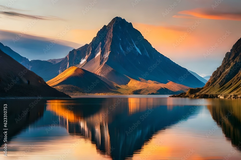  Volcanic mountain in morning light reflected in calm waters of lake