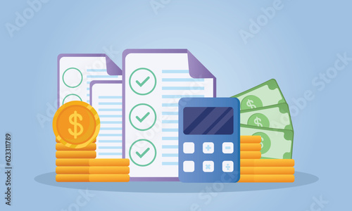 Calculator vector render concept of financial management. calculating financial risk planning, calculator with money coins and banknote.on blue background.Vector Design Illustration.