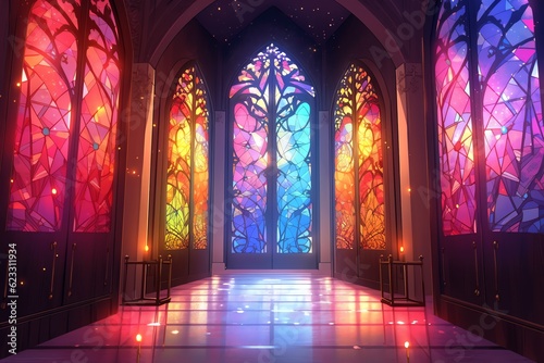 Fotobehang a colorful stained glass windows in a church