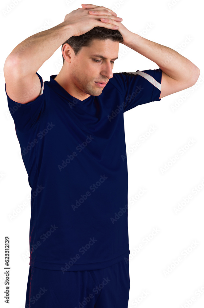 Digital png photo of caucasian man holding hands on head on transparent background Digital png photo of caucasian man holding hands on head on transparent background