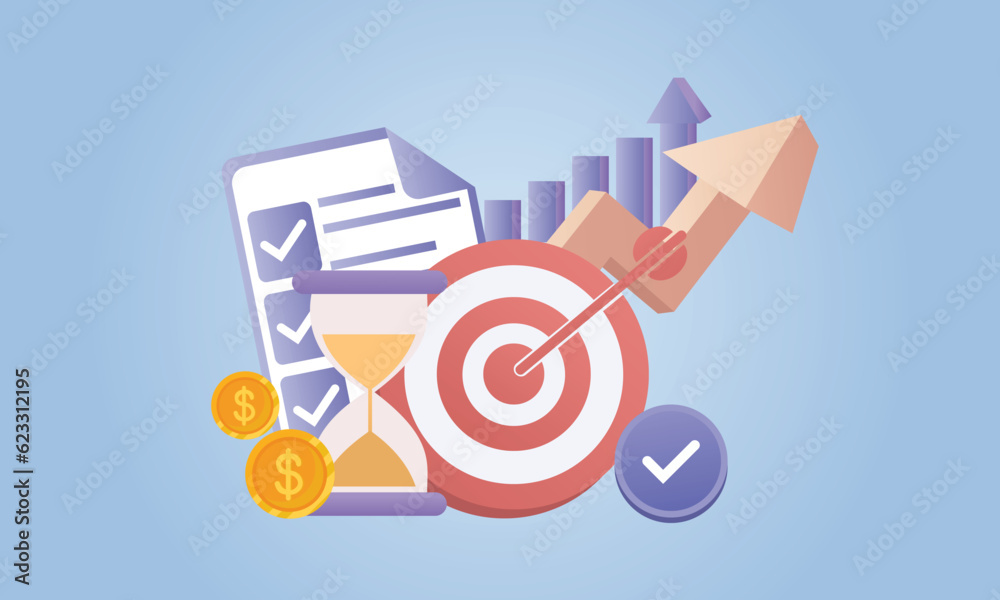 Develop self control system isolated flat vector illustration. Metaphor of goals and achievement targets.on blue background.Vector Design Illustration.