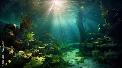 Underwater sunlight through the water surface seen from a rocky seabed with algae. Generative AI © AngrySun