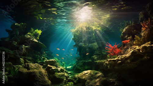 Underwater sunlight through the water surface seen from a rocky seabed with algae. Generative AI © AngrySun