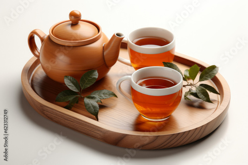 Traditional Tea Set With Herbs On An Unusual Tray Created With The Help Of Artificial Intelligence