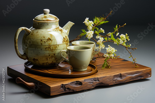 Traditional Tea Set With Herbs On An Unusual Tray Created With The Help Of Artificial Intelligence