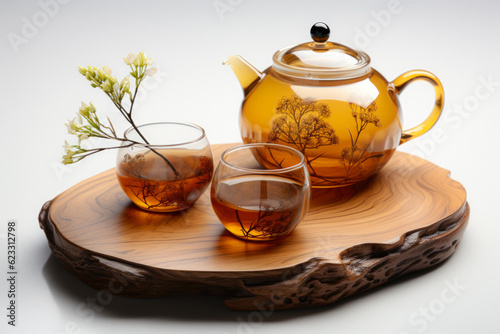 Traditional Tea Set With Herbs On An Unusual Tray Created With The Help Of Artificial Intelligence