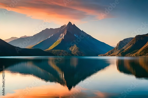  Volcanic mountain in morning light reflected in calm waters of lake © Ahtesham