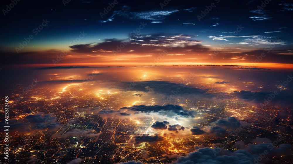Panoramic view on planet Earth globe from space. Glowing city lights, light clouds. Generative AI Panoramic view on planet Earth globe from space. Glowing city lights, light clouds. Generative AI