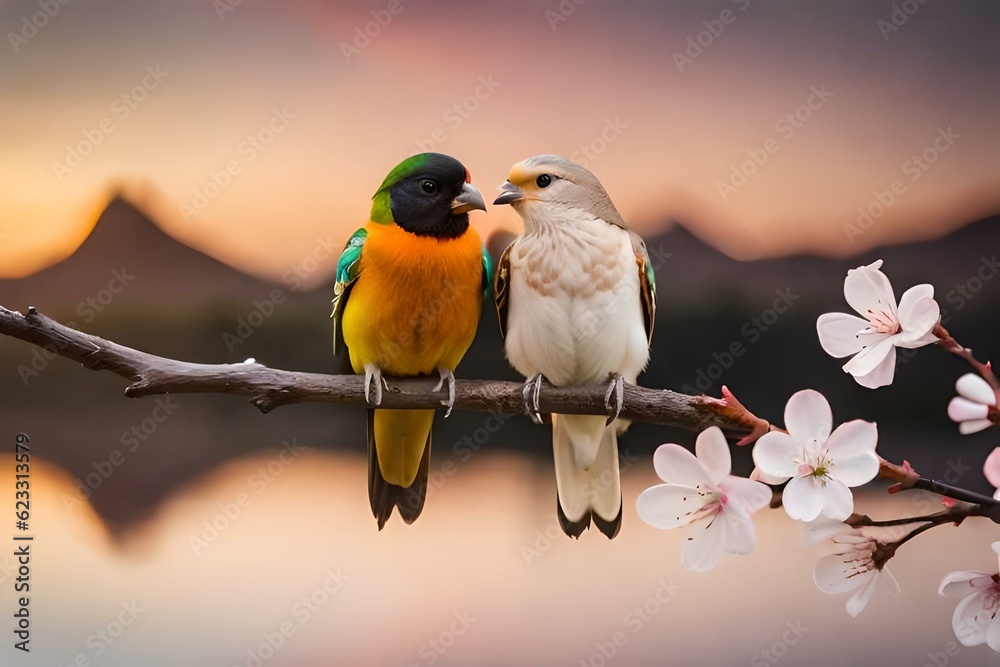 Adorable Love Birds sitting on a branch of a cherry blossom tree Valentine's Day