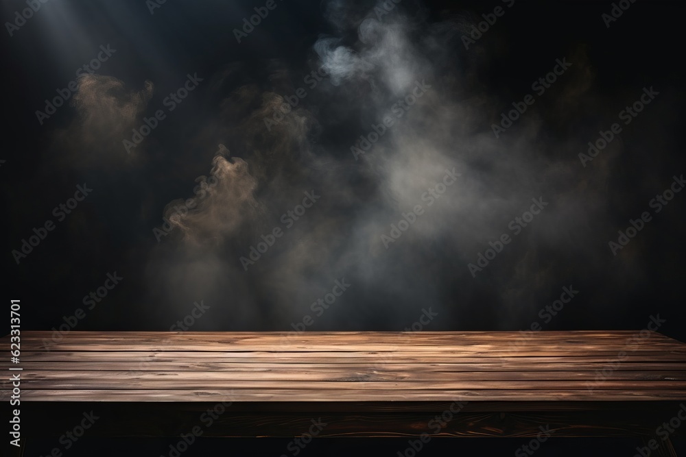 Empty wooden table with smoke floats up for displaying your products. Empty wooden table with smoke floats up for displaying your products.