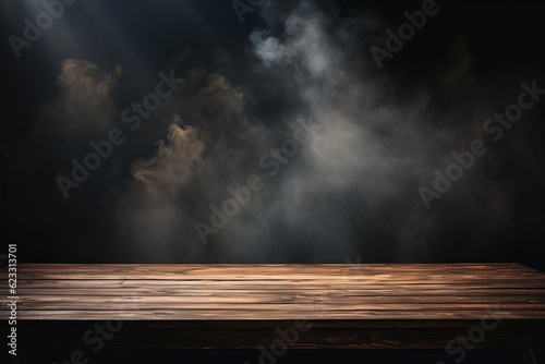 Empty wooden table with smoke floats up for displaying your products.