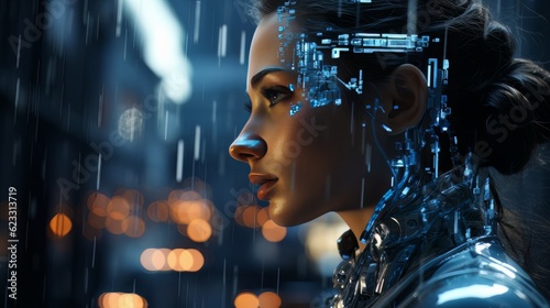 Female face and robot projection. Future technologies, Internet Business, Digital technology AI
