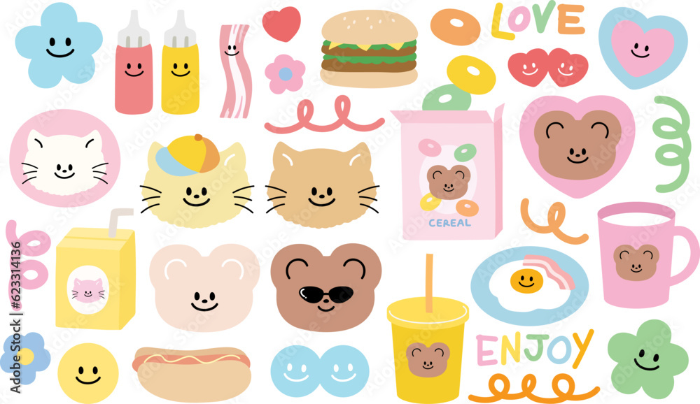 Pastel illustrations of teddy bear, cat, burger, cereal, hot dog, fried ...