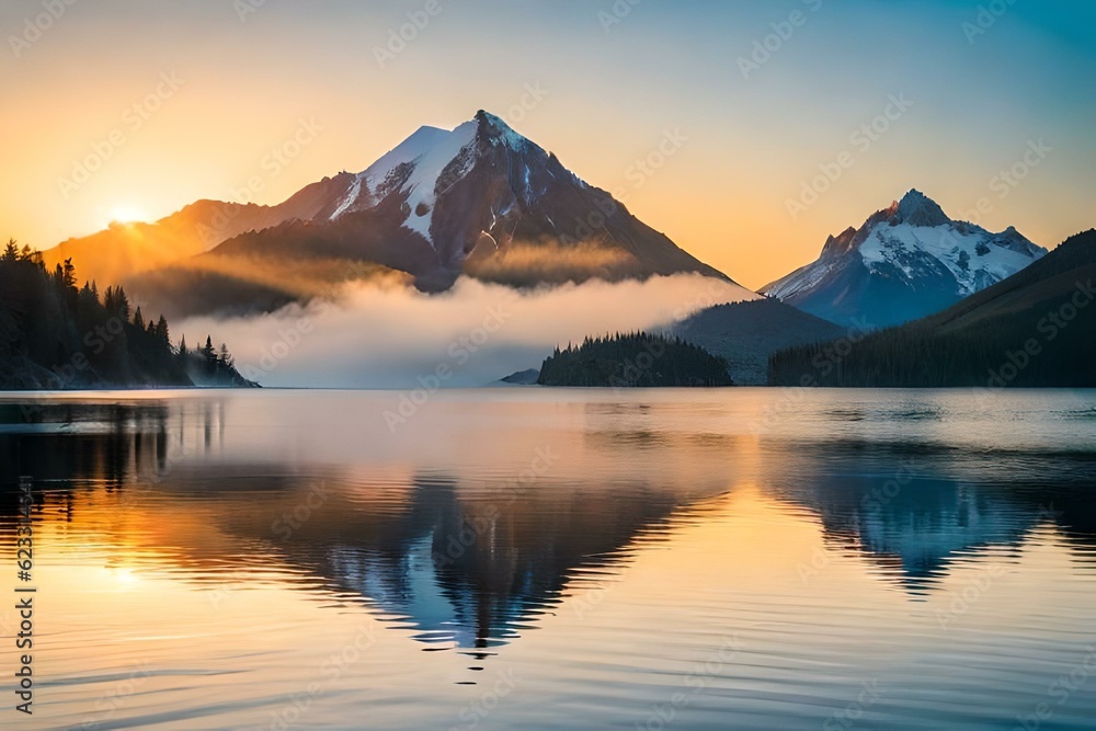  Volcanic mountain in morning light reflected in calm waters of lake