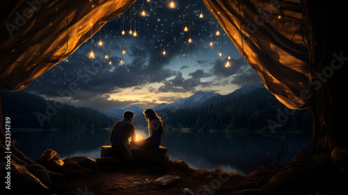 couple in love in a tent by the lake.