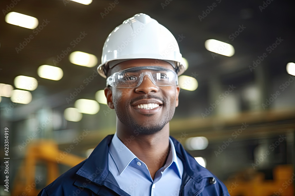 Engineer Worker Wearing Uniform, Glasses and Hard Hat in a Steel Factory. Smiling African American Industrial Specialist Standing in a Metal Construction Manufacture. Engineer Worker Wearing Uniform, Glasses and Hard Hat in a Steel Factory. Smiling African American Industrial Specialist Standing in a Metal Construction Manufacture.